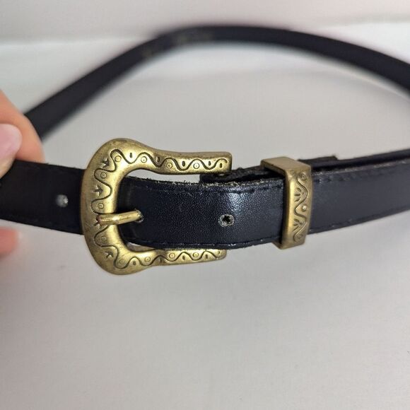 Vintage Black leather belt, women's thin black and gold belt buckle M - Picture 1 of 7